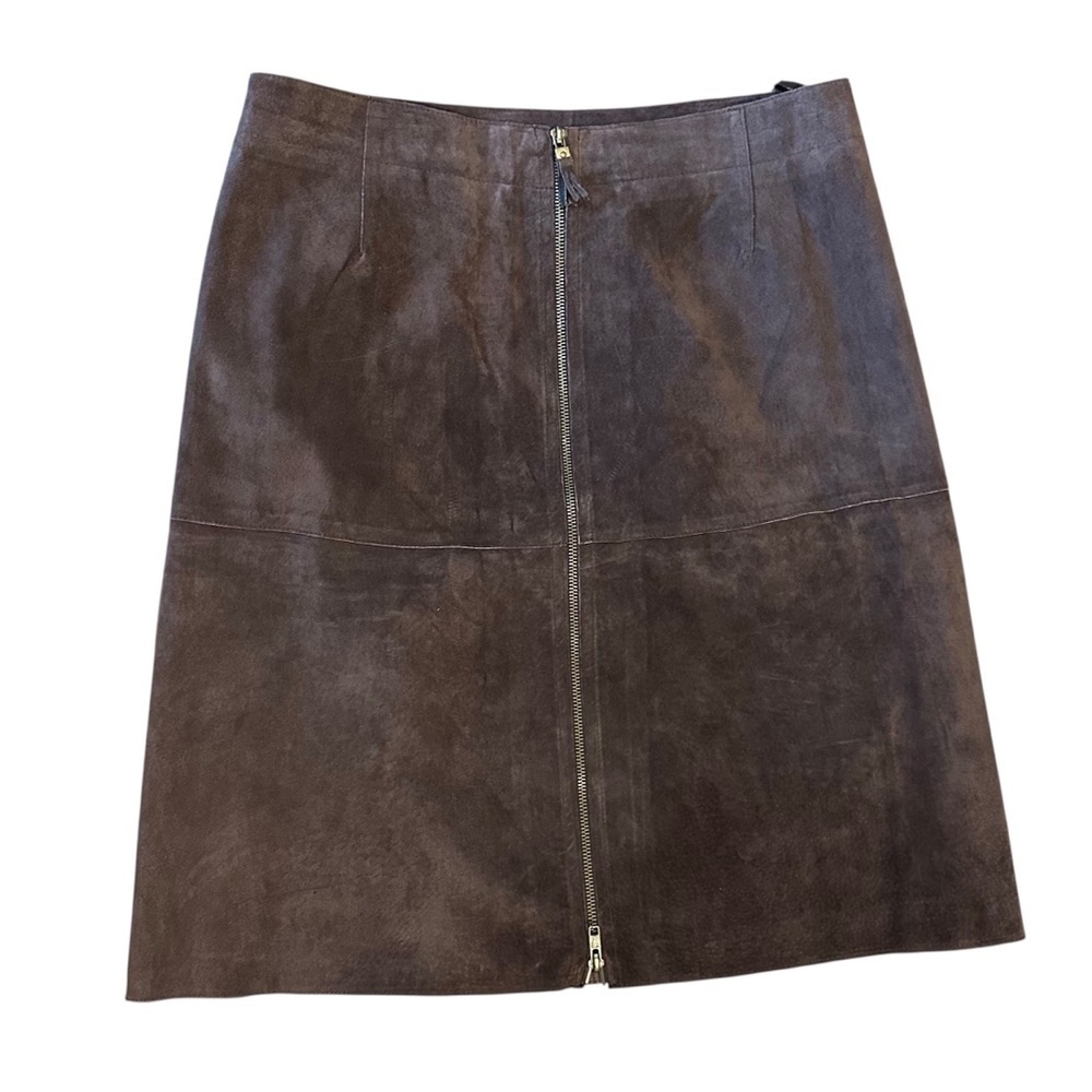 Women’s Isaac Mizrahi Front Zip Genuine Brown Suede Leather Midi Skirt Size 14